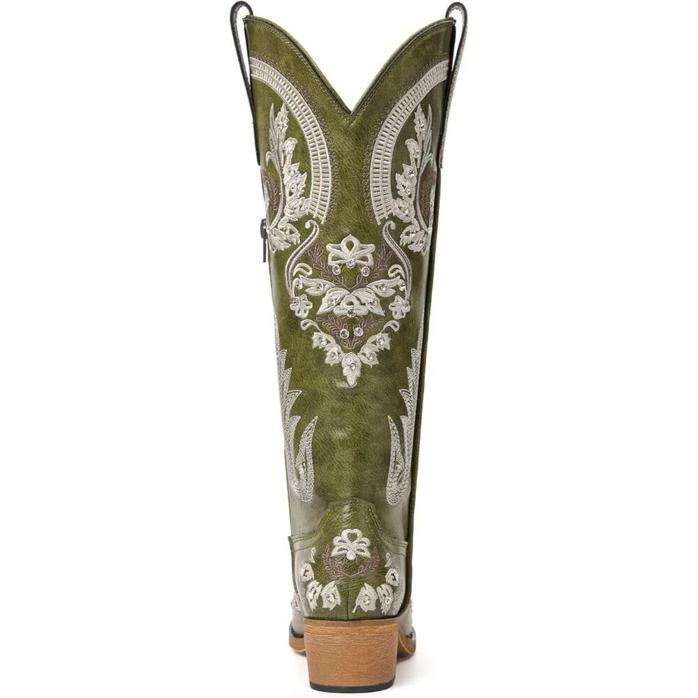 Women Faux Leather Green Rhinestones Embroidered Chunky Heel Knee High Boot